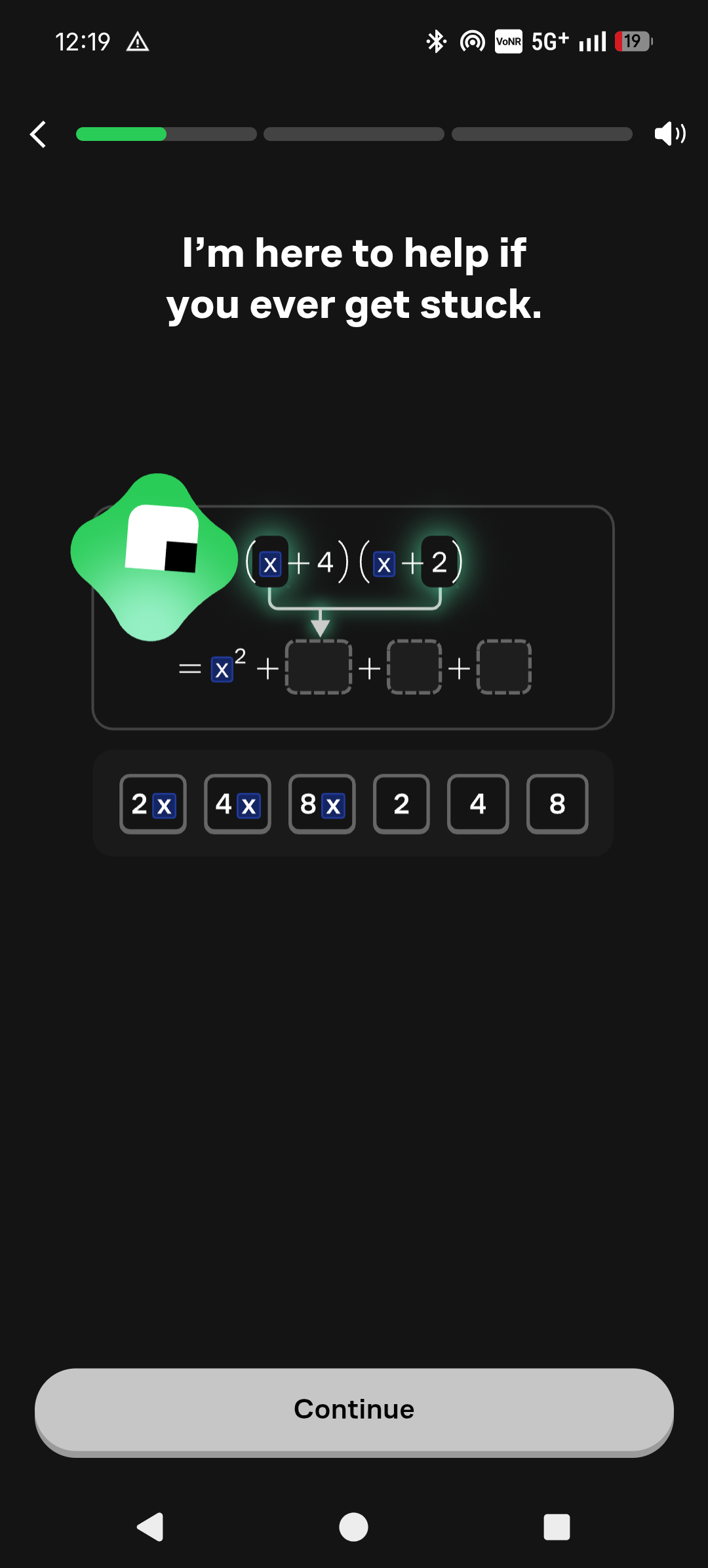 Brilliant app with an interactive algebra task for expanding brackets