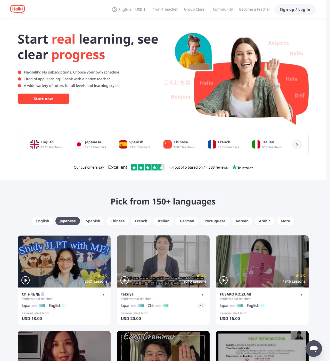 italki homepage with teacher numbers screenshot