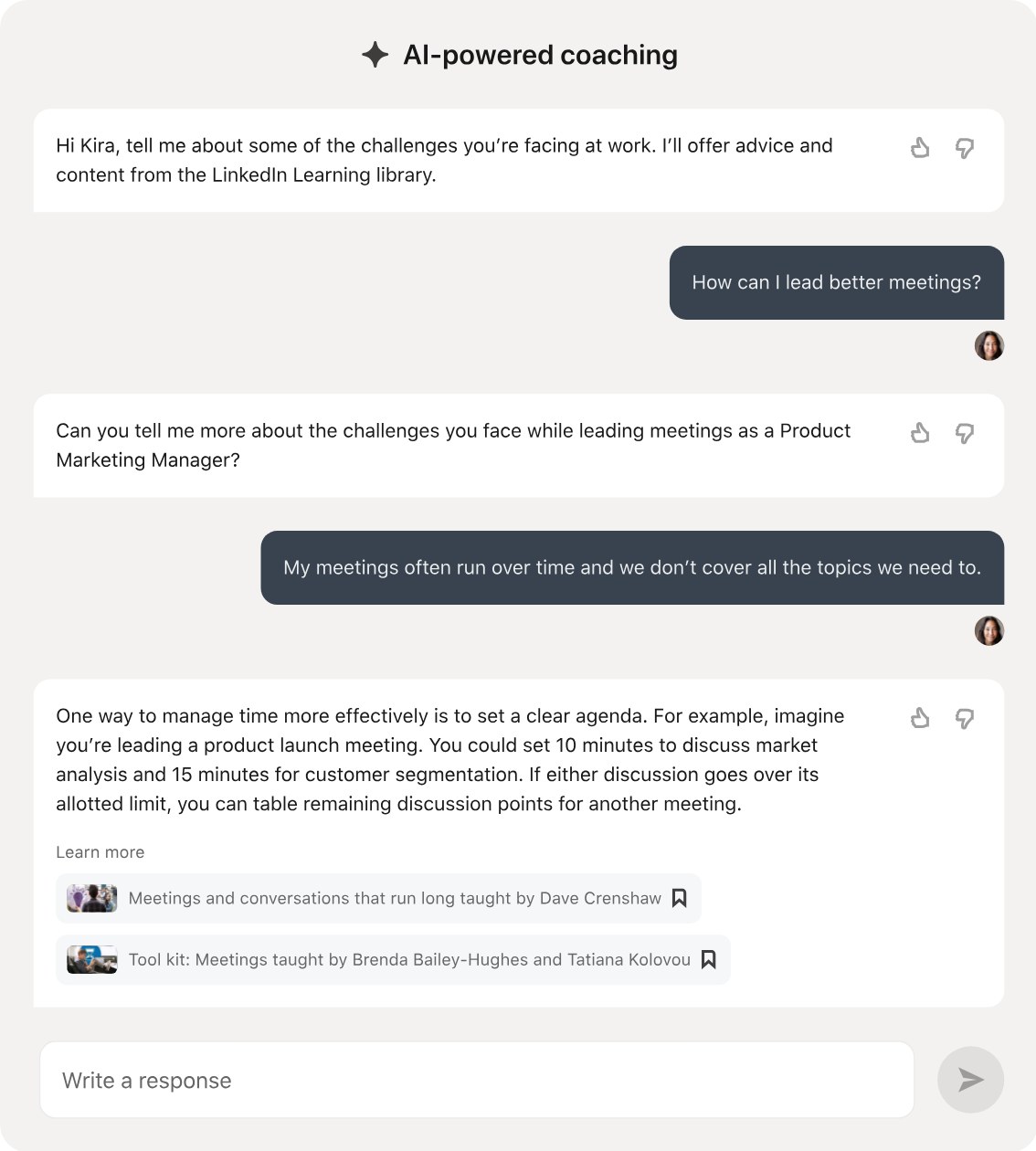 Interface of the AI coach in LinkedIn Learning with chat history and course recommendations