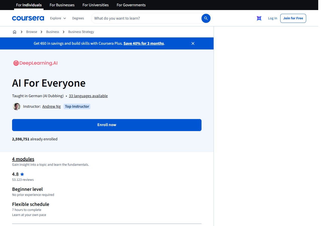 Coursera course page of AI For Everyone with Andrew Ng as instructor