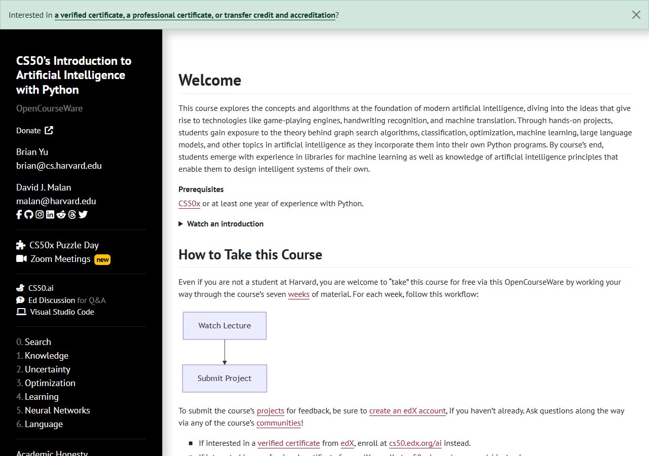 Course page of CS50's Introduction to Artificial Intelligence with Python from Harvard University