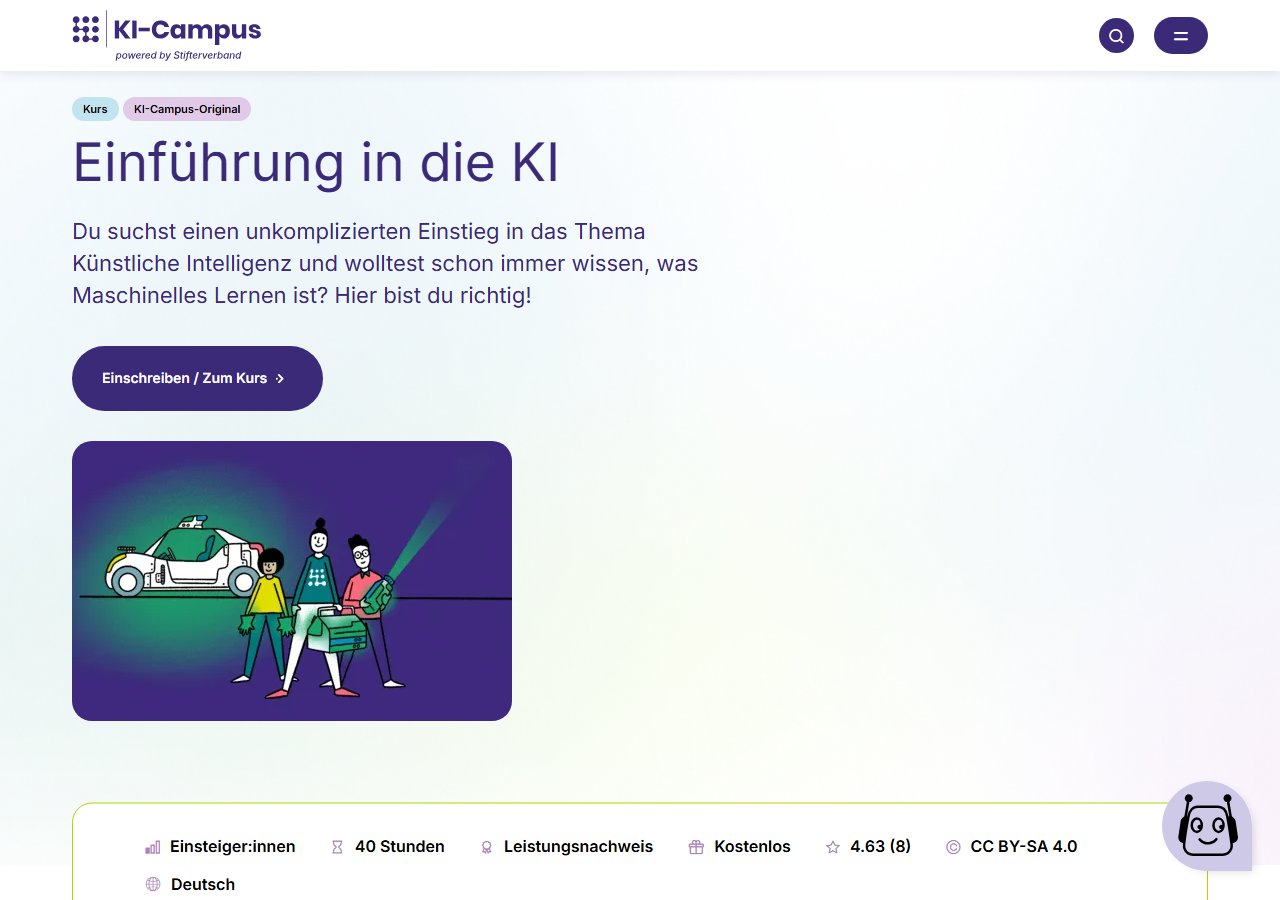 Course page of Introduction to AI on KI-Campus with information on duration, certificate, and language