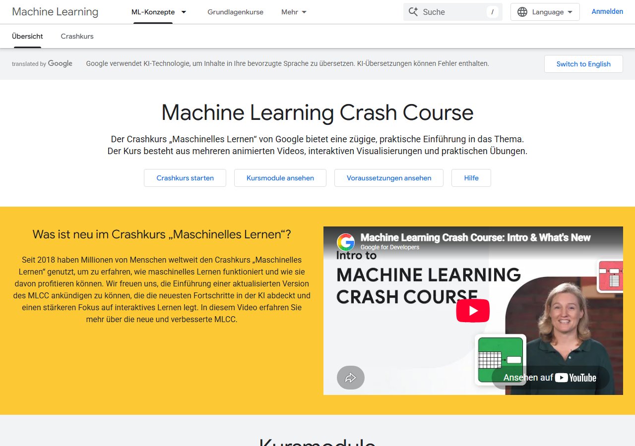 Homepage of Google's Machine Learning Crash Course with German interface