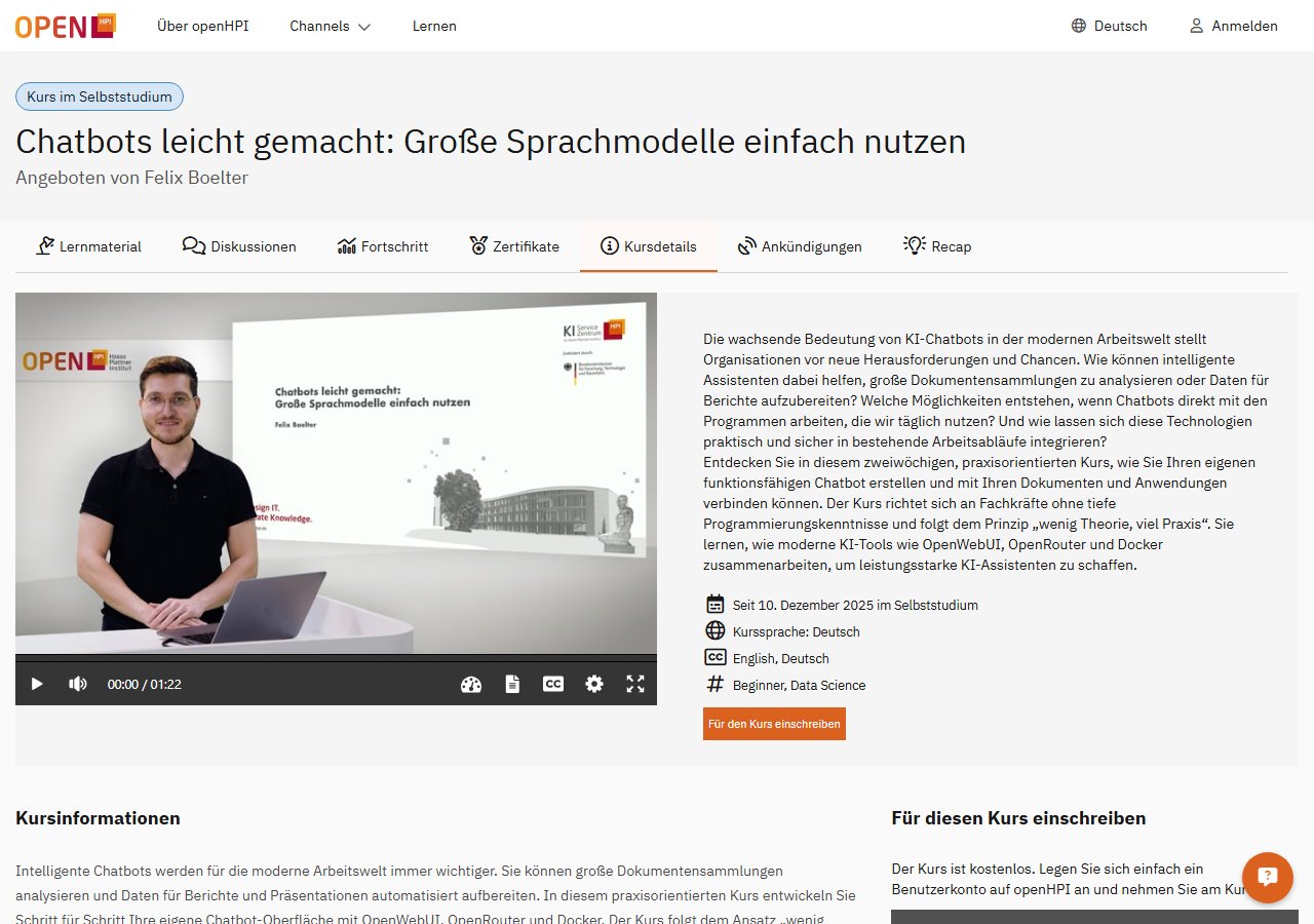 Course page of the openHPI course Chatbots Made Easy about large language models