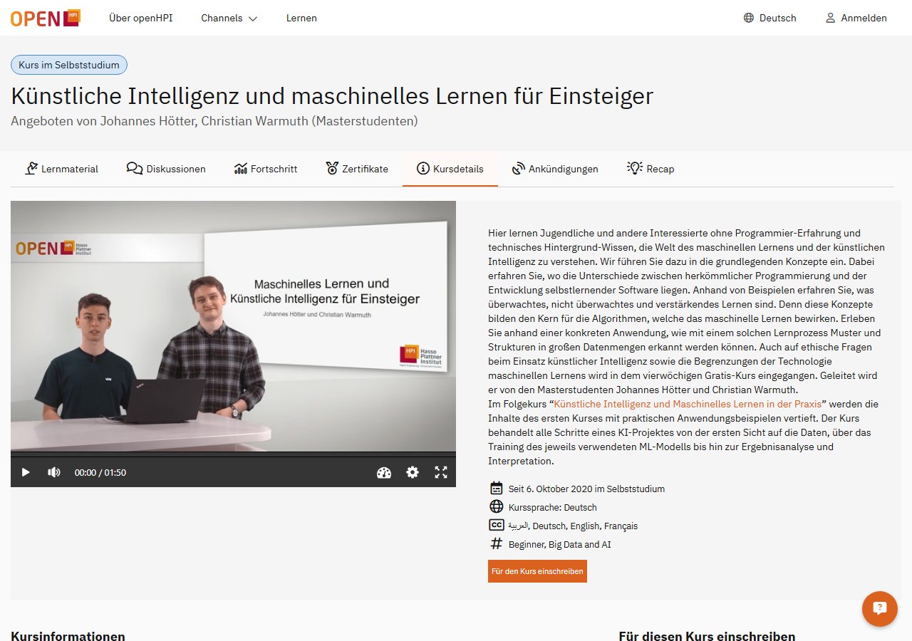 Course page of the openHPI course Artificial Intelligence and Machine Learning for Beginners